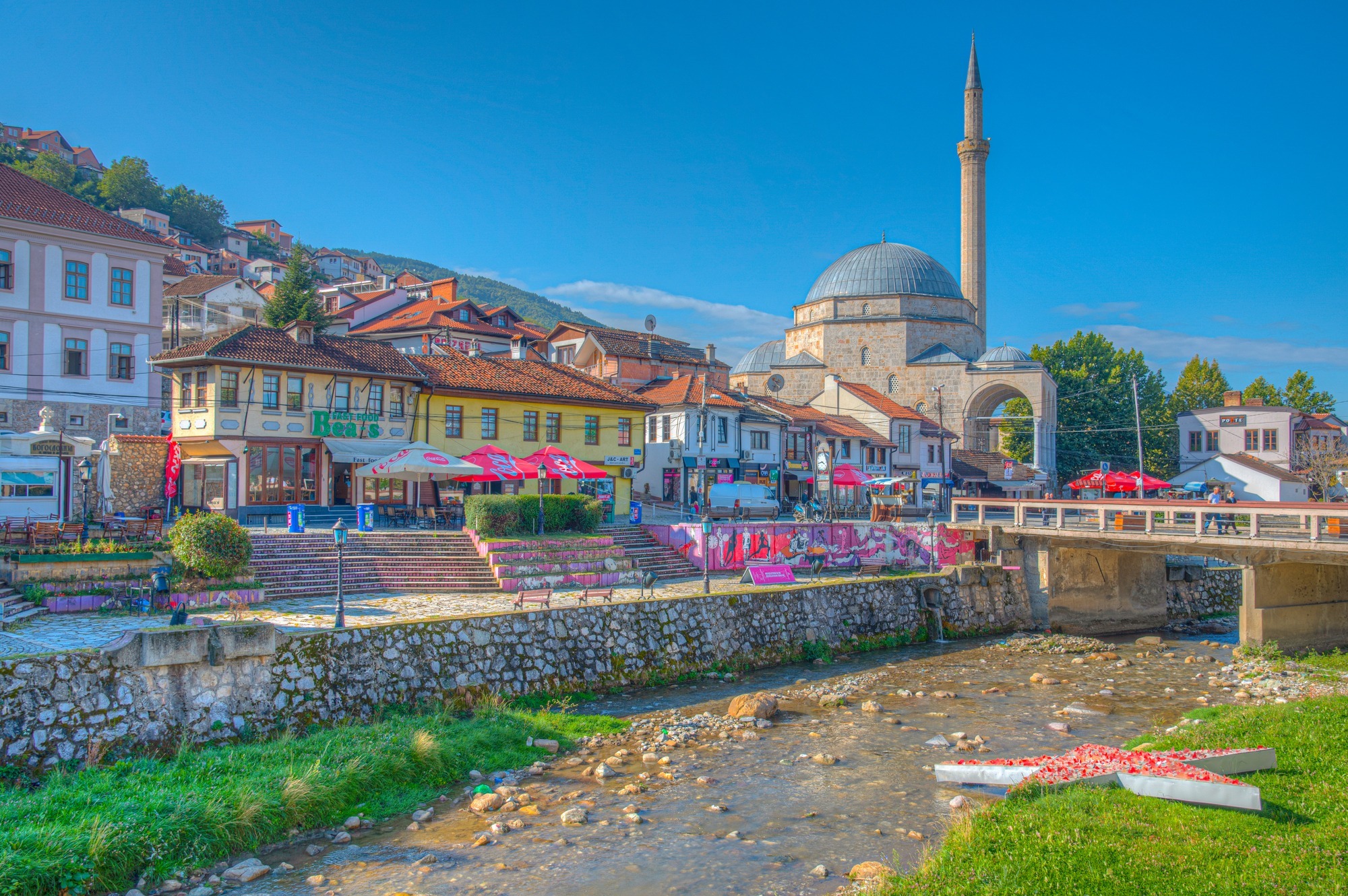 PRIZREN, KOSOVO, SEPTEMBER 20, 2019: Sinan Pasha mosque situated on riverside of Bistrica river in center of Prizren, Kosovo