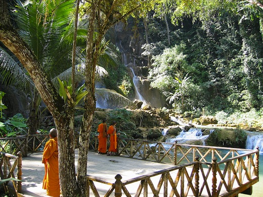 Monniken bij de Kuang Si waterval (Foto: David Kember)